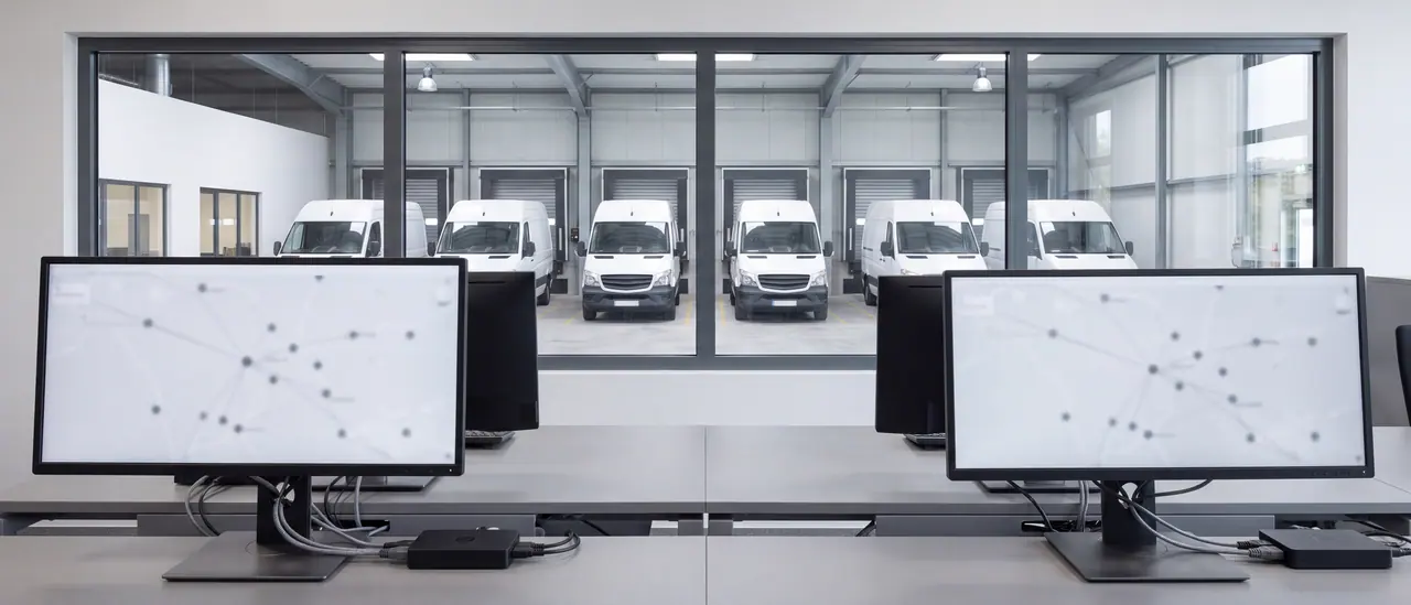 Planning office of a logistics depot: two screens with blurred map lines, through an internal window behind a bright loading hall with a row of identical white vans at the gates.