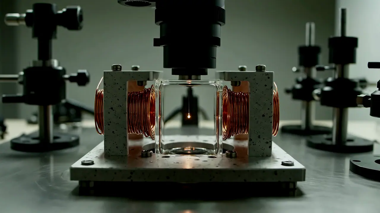 Slow approach to the heart of a neutral atom processor in a darkened laboratory: an empty glass cell between two copper coils, a black microscope objective above it, a faint point of light in the centre of the cell.