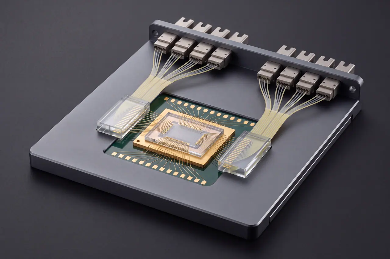 Processor module of a photonic quantum computer on a dark background: a small chip on a gold-plated block, glass fibre blocks on the left and right, from which yellow glass fibres lead to a row of identical connectors at the rear edge.