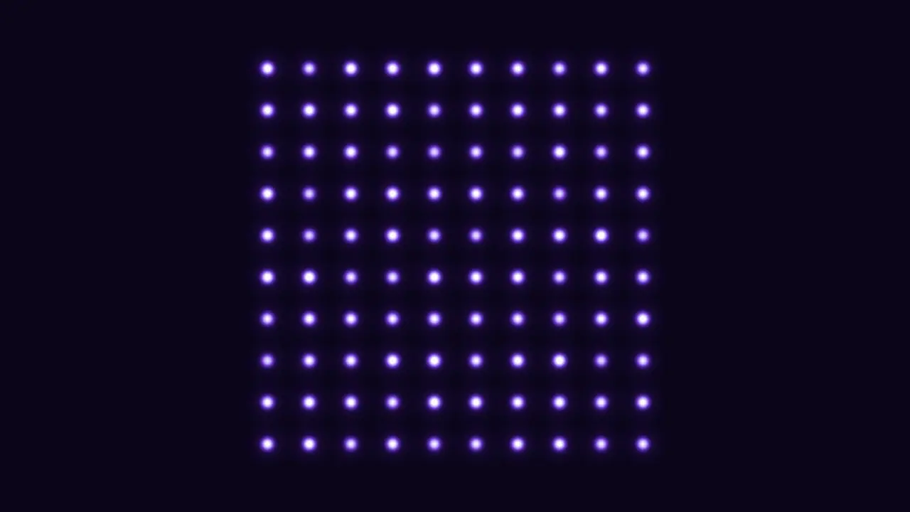 False-colour fluorescence image: a flawless register of 10 by 10 glowing atoms; during measurement, a chequerboard pattern remains, then a field of 20 by 10 traps is randomly reloaded, and the atoms are pushed row by row into the middle block.