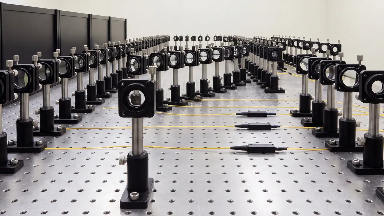 Slow zoom over a long optical table in a bright laboratory: rows of identical round mirrors in black holders on steel pins run into the depth, in between thin yellow glass fibres.