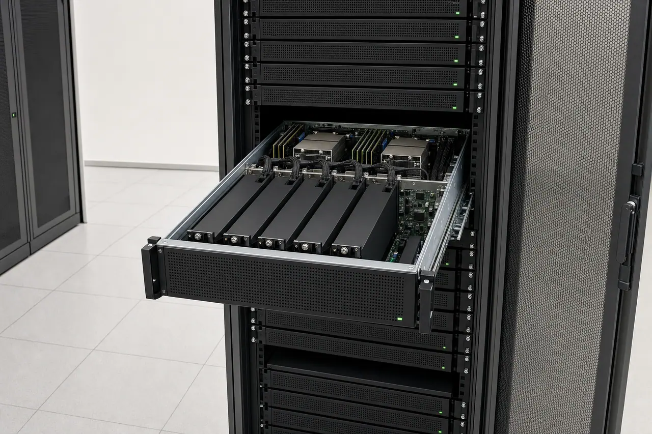 Offener schwarzer Serverschrank in einem hellen Serverraum: ein Server ist auf seinen Schienen herausgezogen, der Deckel ist abgenommen, darin stehen mehrere gleiche Grafikkarten in einer Reihe, dahinter zwei Prozessorkühler und Speichermodule.