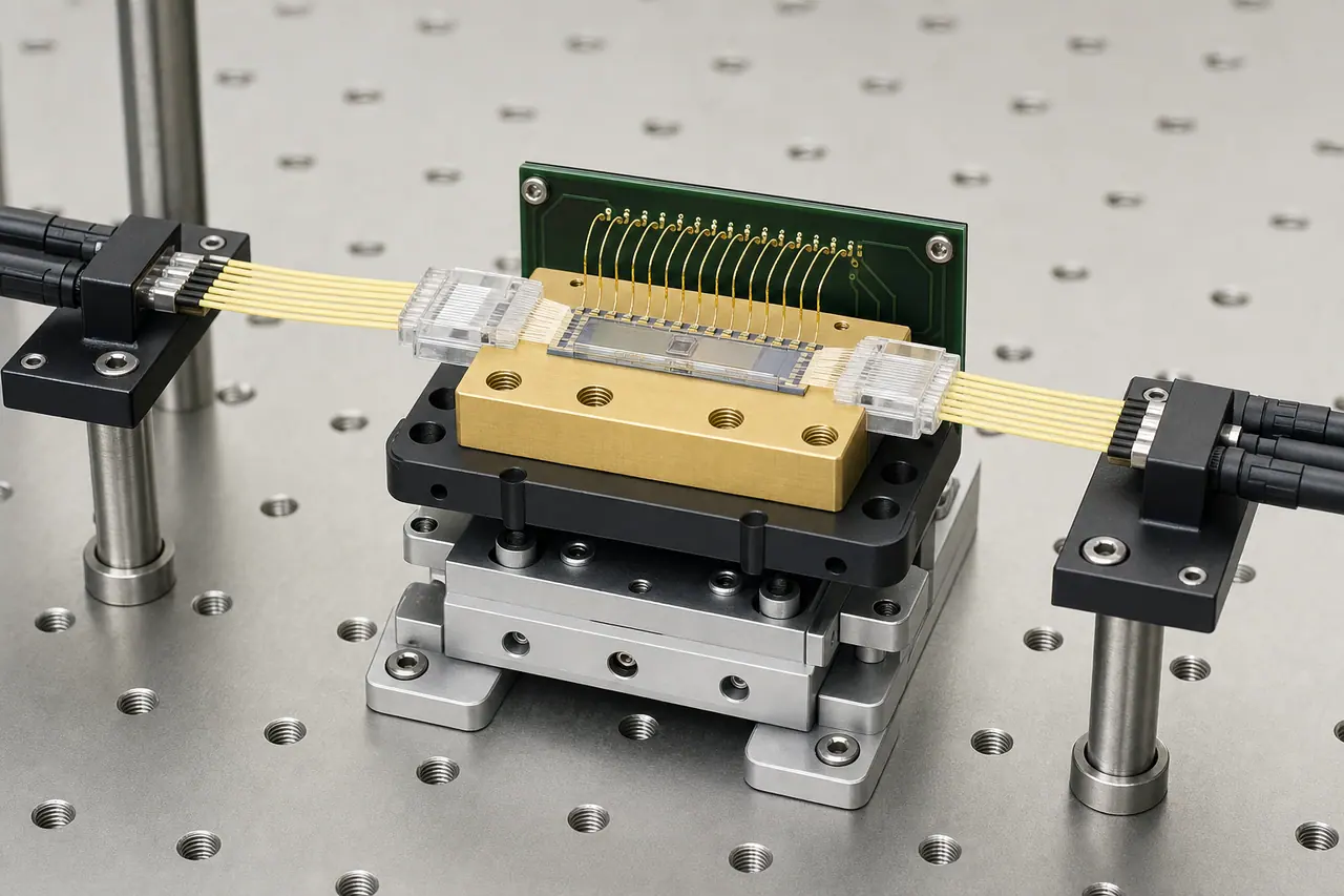Nahaufnahme eines photonischen Chips aus Glas auf einem vergoldeten Kupferblock: links und rechts sind Faserblöcke aus Glas angesetzt, aus denen gelbe Glasfasern führen, dahinter feine Golddrähte zu einer grünen Leiterplatte, darunter ein Verstelltisch aus Aluminium.