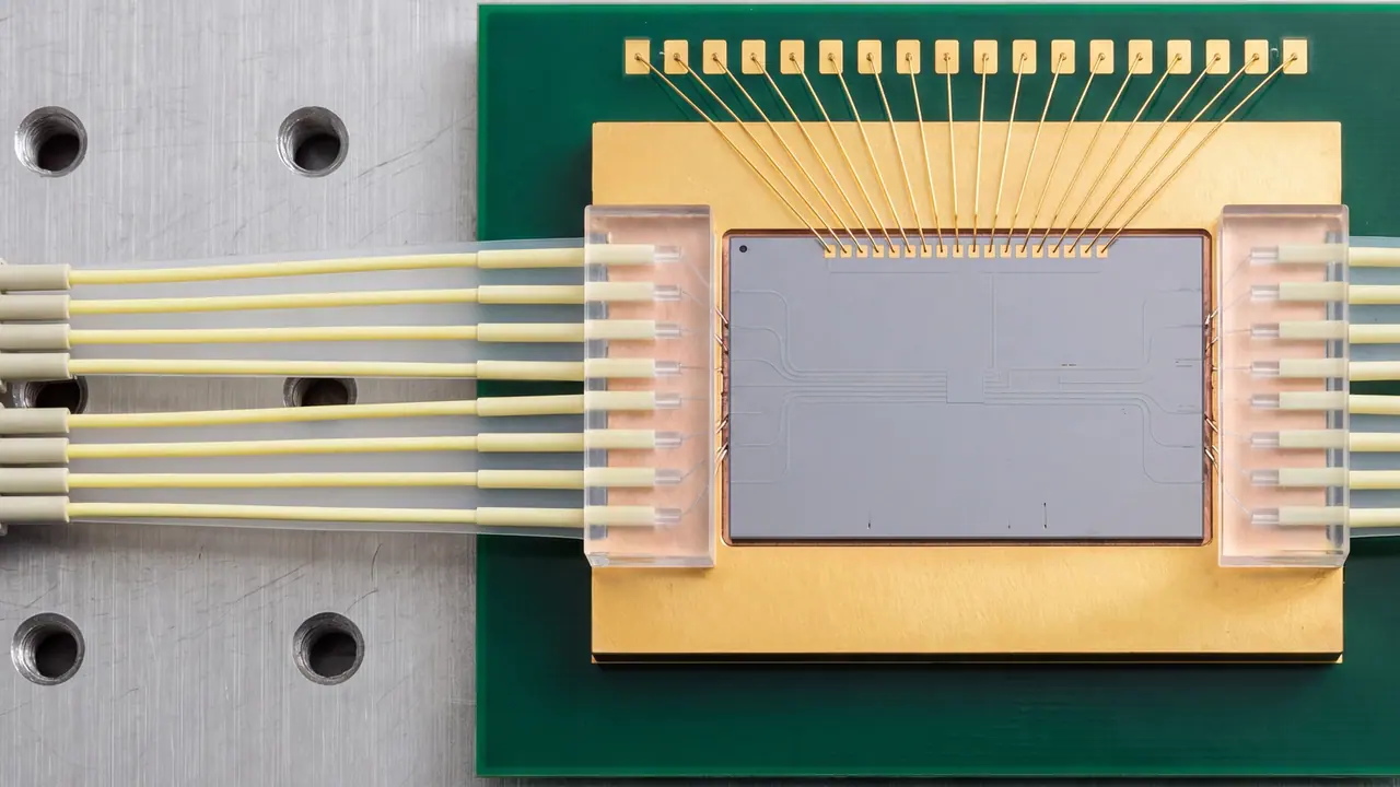Slow pan over a photonic chip, vertically from above: a grey silicon chip on a gold-plated block, left and right glass fibre blocks with yellow glass fibres, above a row of fine gold wires to a green circuit board, below a steel table with threaded holes.