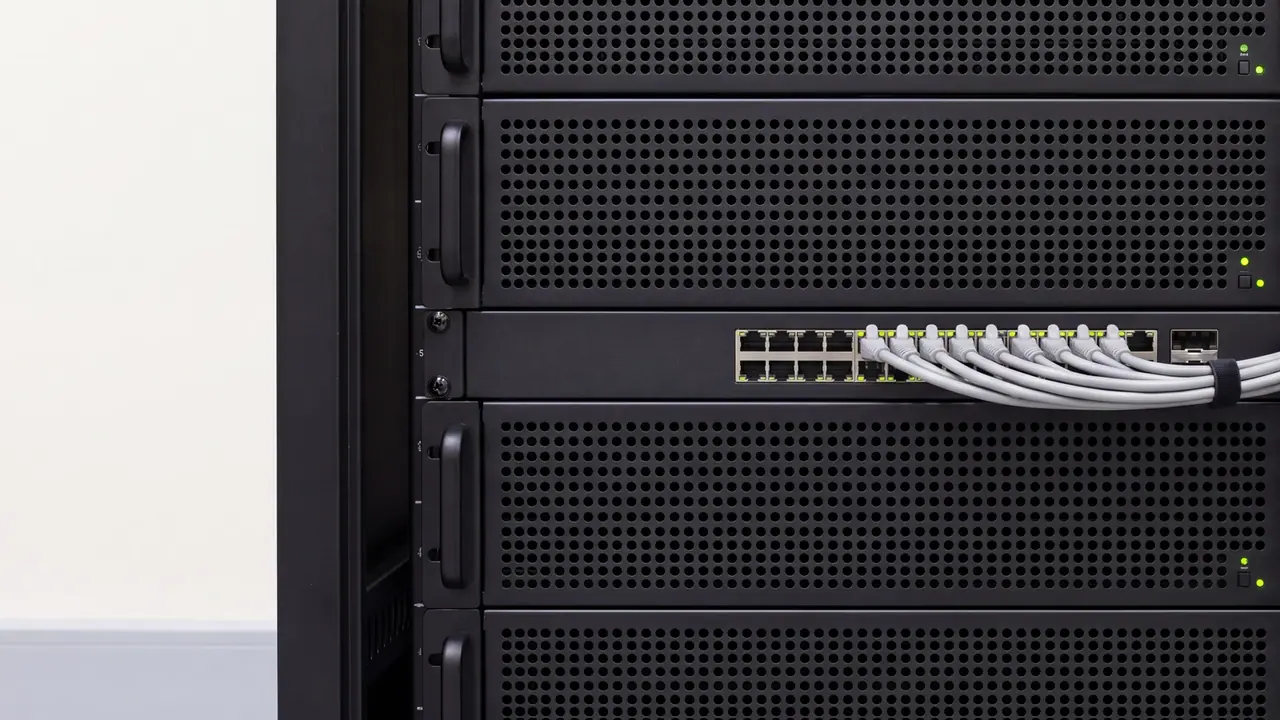 Slow pan over the front of an open server cabinet: identical servers with perforated panels, in between a network switch with plugged-in grey cables; the green status lights blink irregularly with the load.