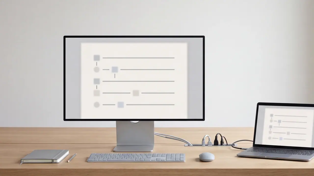 Slow pan over a bright oak workspace: a large screen and a laptop show blurred horizontal lines with small grey boxes and vertical connections, in front of them a keyboard, mouse, a grey notebook and a pencil.