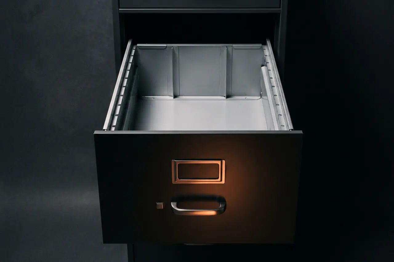 Empty steel drawer, pulled completely out of a dark filing cabinet and photographed slightly from above; bare suspension rails on both long sides, the label holder on the front is blank.