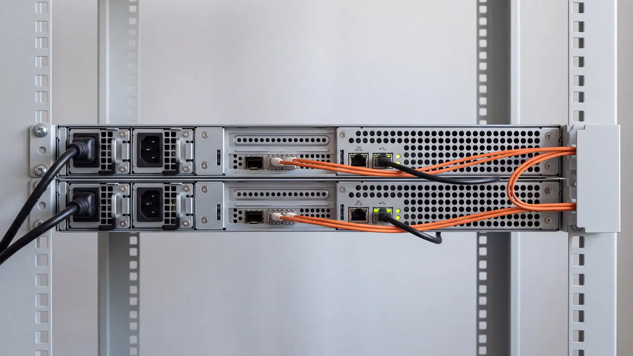 Rückseite eines Servers mit gesteckten Glasfaserleitungen, sauber zu Strängen gebündelt.