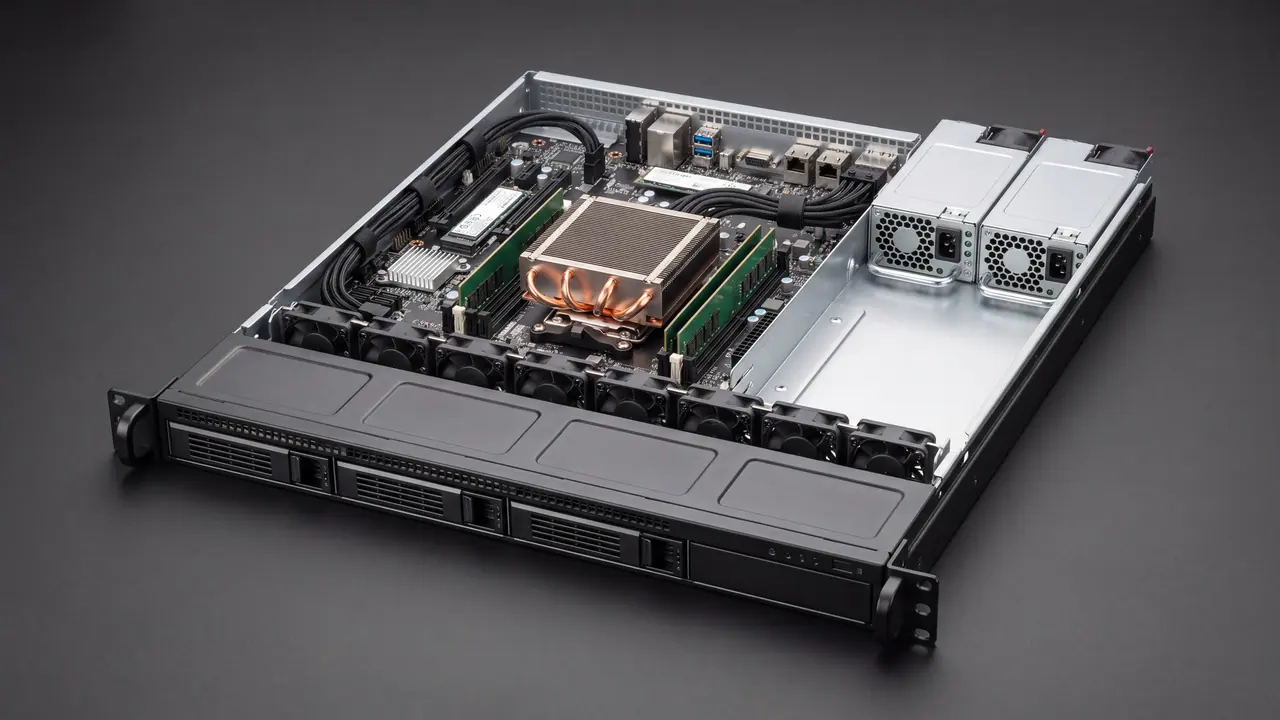 A short, open 1U server on a seamlessly dark background, from diagonally above from the front left corner: a single socket under a flat heatsink on a copper base, next to it a short memory bank, in front of it a row of small fans, at the front four drive bays in the bezel, at the back two power supply modules side by side, each with its own power socket. A third of the bottom tray remains empty sheet metal.