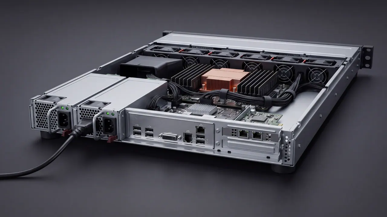 An open full-depth 1U server on a seamlessly dark background, from diagonally above from the rear left corner: at the front two power supply modules side by side in their own bays, each with a perforated ventilation grille, handle, green status light and its own power socket — a power cable is plugged into the left one, the right socket is empty. Next to it the connector panel behind a sheet metal bezel and a network card on a galvanised bracket, behind it the open interior with heatsink on a copper base and a row of fans.