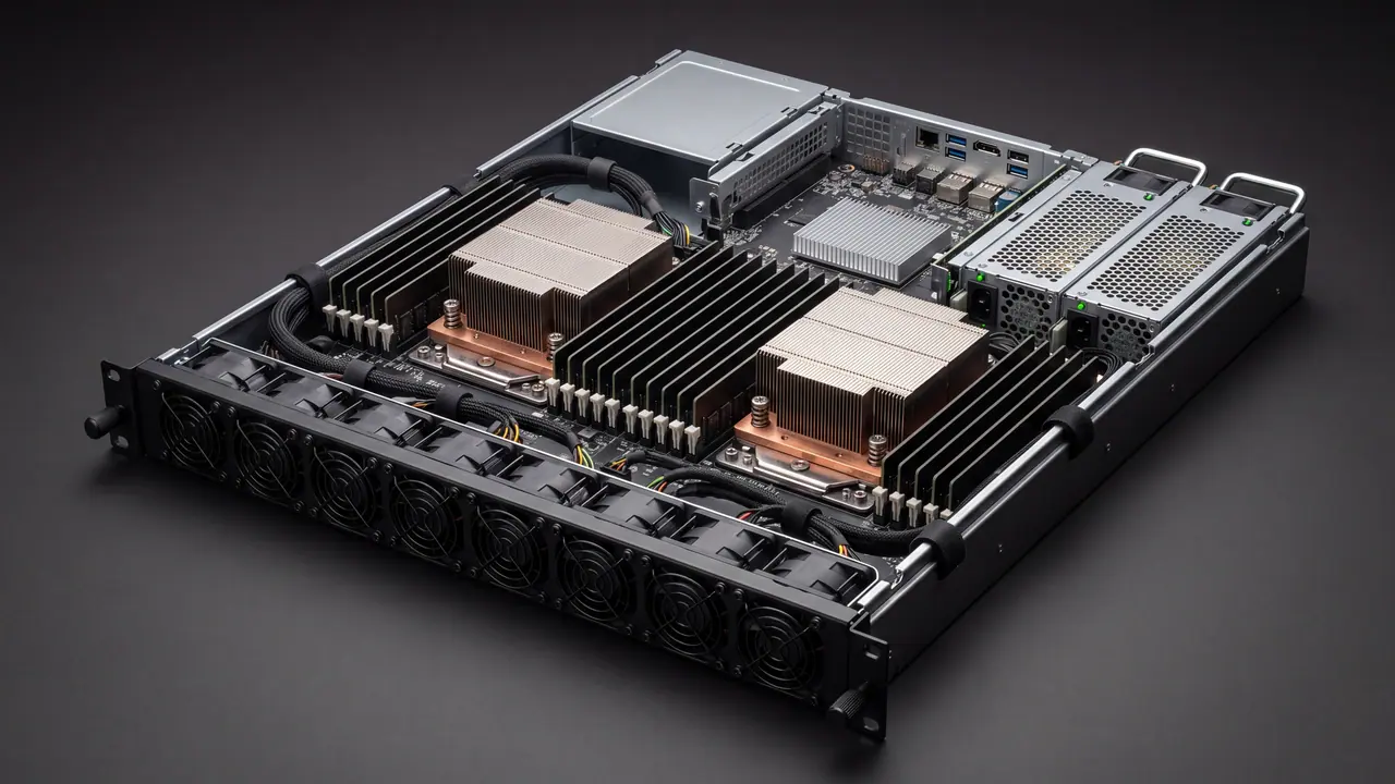 An open 2U server on a seamlessly dark background, from diagonally above from the front left corner: two large sockets side by side under heatsinks with a copper base, between and next to them dense rows of black encapsulated memory modules with no free space, at the front a wall of eight fans in a cage, at the rear right two power supply modules and the connector panel. The chassis is visibly twice as high as a flat server.