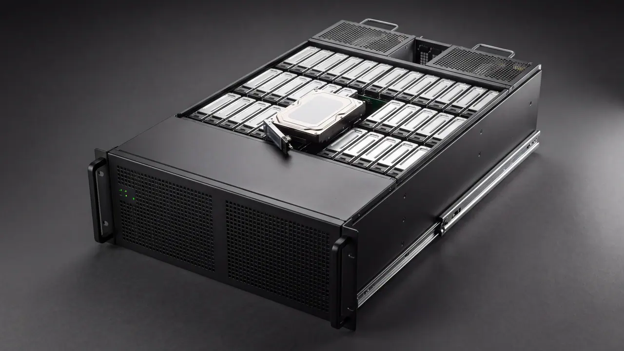A 4U storage server on a seamlessly dark background, from diagonally above from the front left corner, with the cover pushed back: in the open top section, the hard drives stand upright in sleds in a dense grid, one sled is lifted out and shows the bare, unlabelled top of its drive. At the front a high, perforated bezel with two green status lights, on the side an extended telescopic rail.