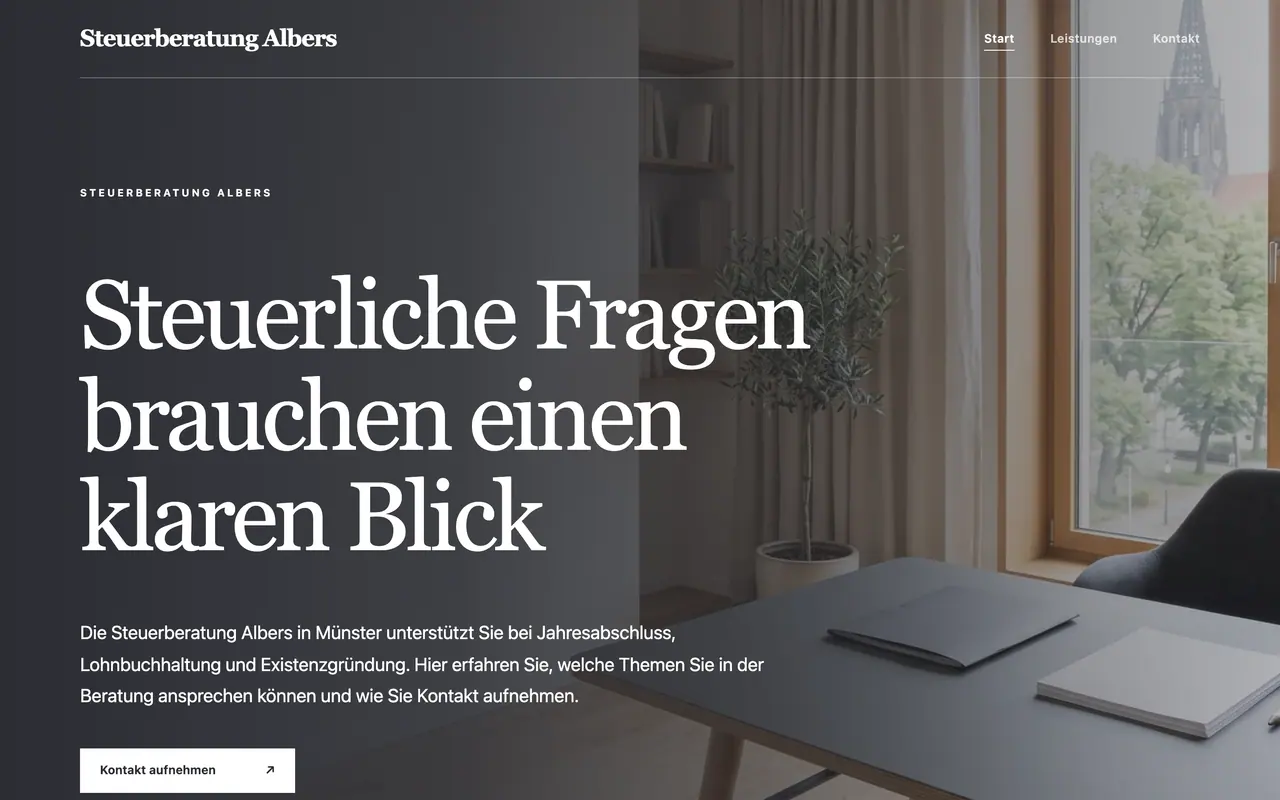 Homepage of the example website “Steuerberatung Albers” at 1,440 px, built by ENTRONYX STUDIO from the sentence below.