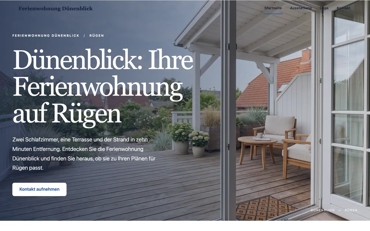 Example website "Ferienwohnung Dünenblick", built by ENTRONYX STUDIO — home page at 1,440 px.