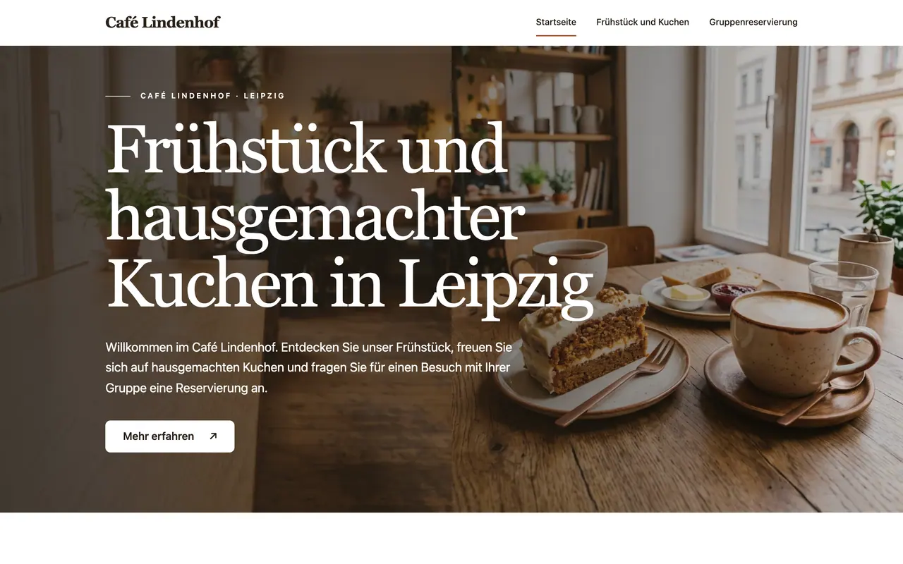 Example website “Café Lindenhof”, built by ENTRONYX STUDIO — homepage at 1,440 px.
