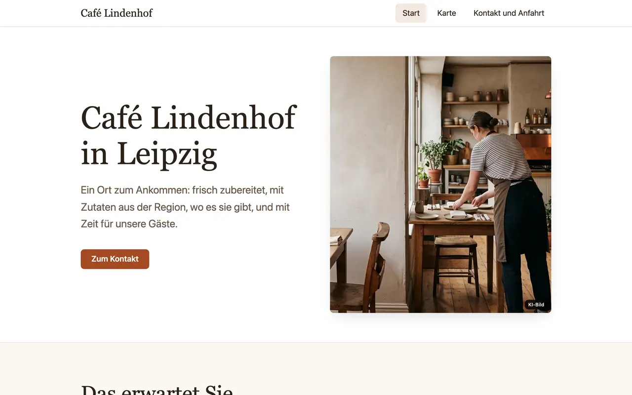 Beispiel-Website „Café Lindenhof“, gebaut von ENTRONYX STUDIO — Startseite bei 1.440 px.