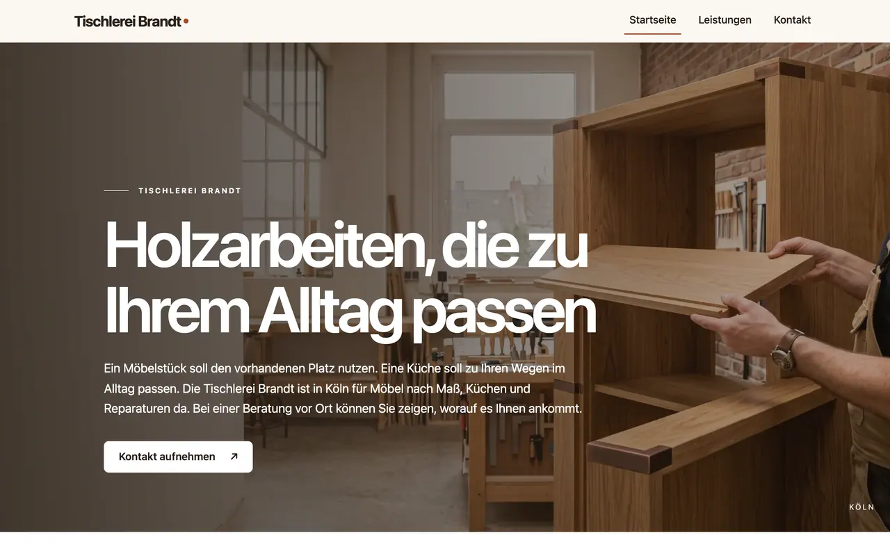 Example website "Tischlerei Brandt", built by ENTRONYX STUDIO — home page at 1,440 px.