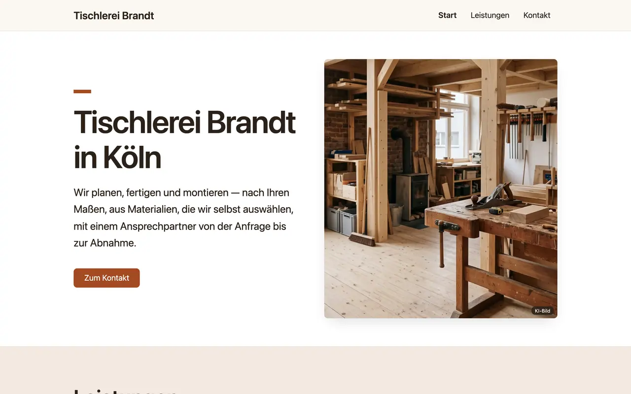 Beispiel-Website „Tischlerei Brandt“, gebaut von ENTRONYX STUDIO — Startseite bei 1.440 px.