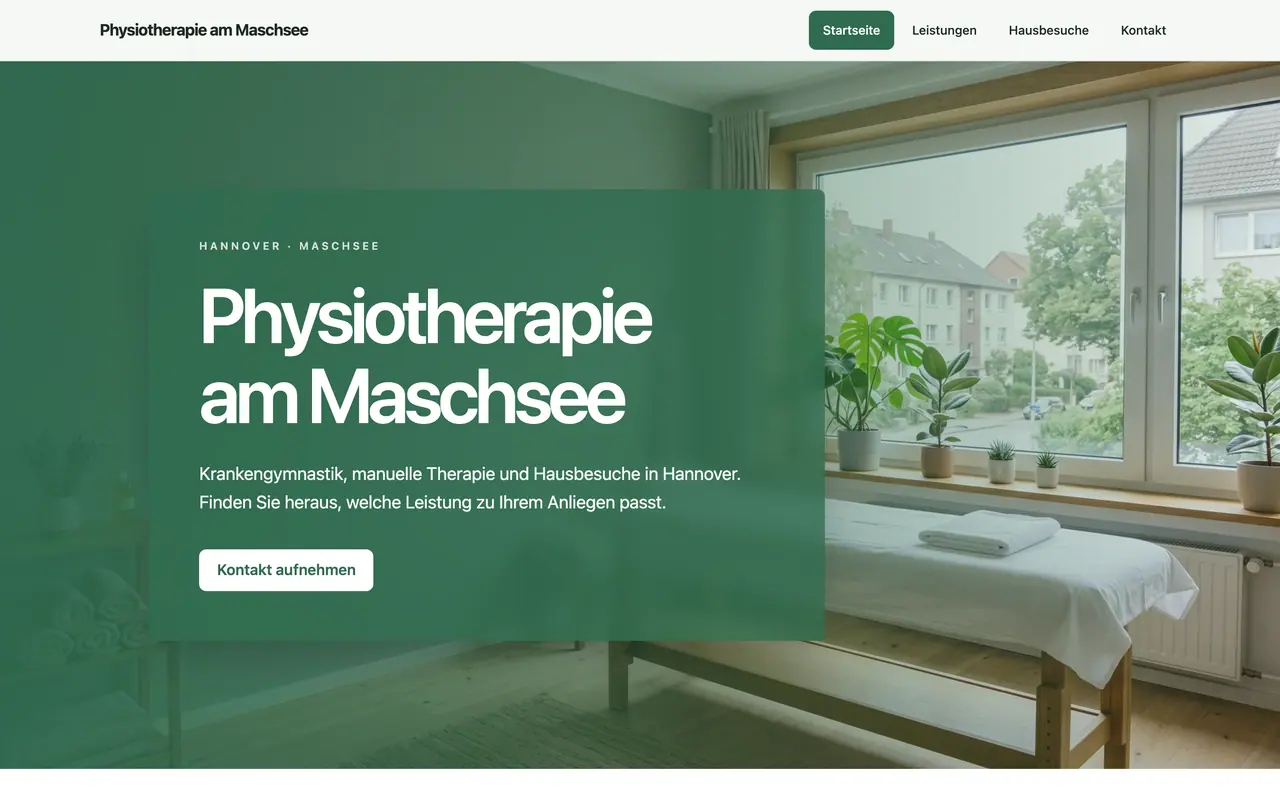 Homepage of the example website “Physiotherapie am Maschsee” at 1,440 px, built by ENTRONYX STUDIO from the sentence below.