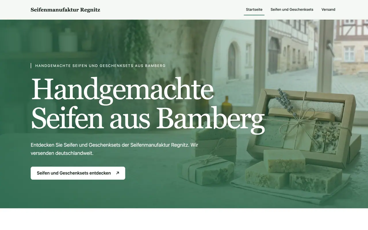 Homepage of the example website “Seifenmanufaktur Regnitz” at 1,440 px, built by ENTRONYX STUDIO from the sentence below.