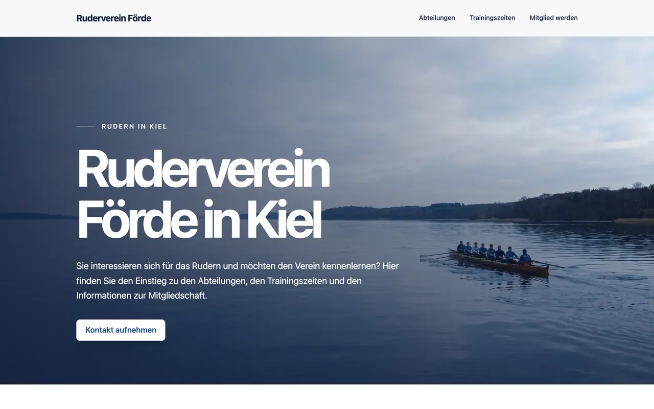 Homepage of the example website “Ruderverein Förde” at 1,440 px, built by ENTRONYX STUDIO from the sentence below.