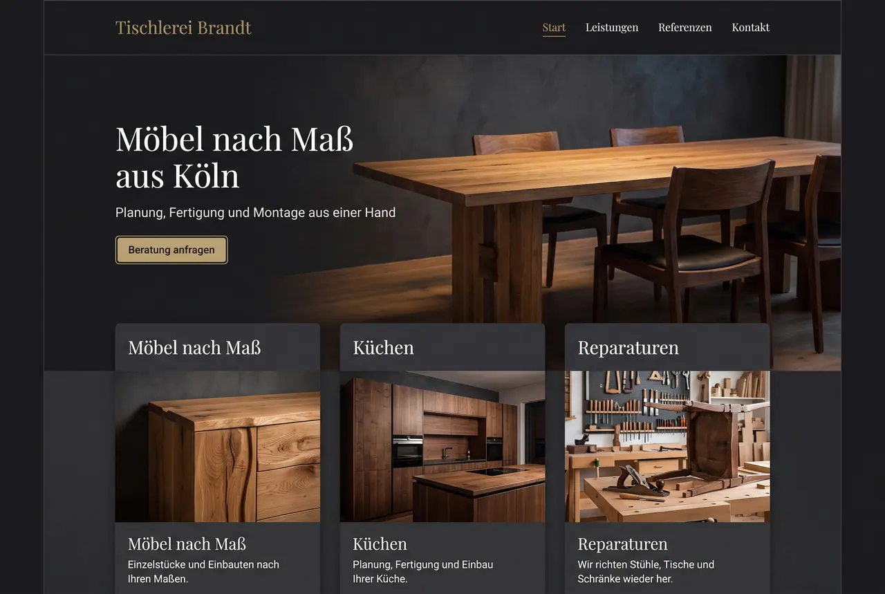 Gestaltungsentwurf „Edel“ für Tischlerei Brandt: Startseite mit Navigation, großem Auftakt und drei Karten.