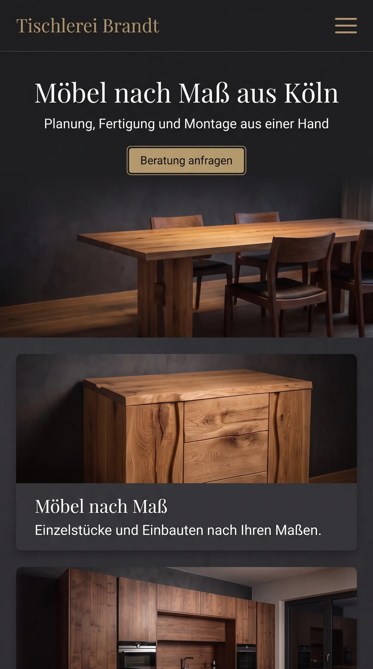 Phone version of the design draft "Edel" for Tischlerei Brandt: the same home page in portrait, for narrow screens.