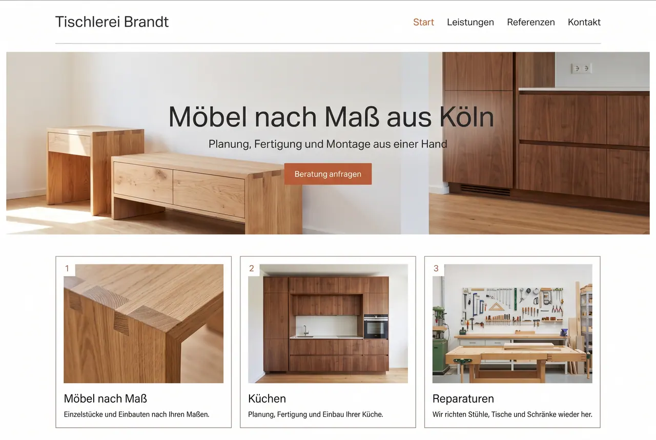 Gestaltungsentwurf „Klar“ für Tischlerei Brandt: Startseite mit Navigation, großem Auftakt und drei Karten.