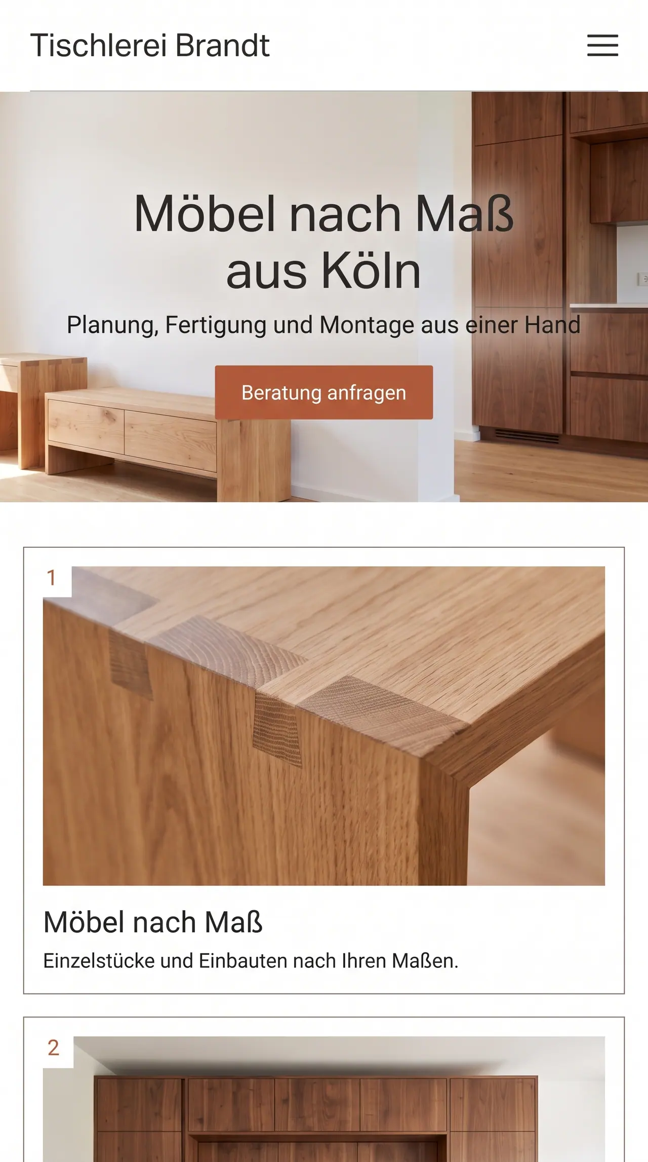 Phone version of the design draft "Klar" for Tischlerei Brandt: the same home page in portrait, for narrow screens.
