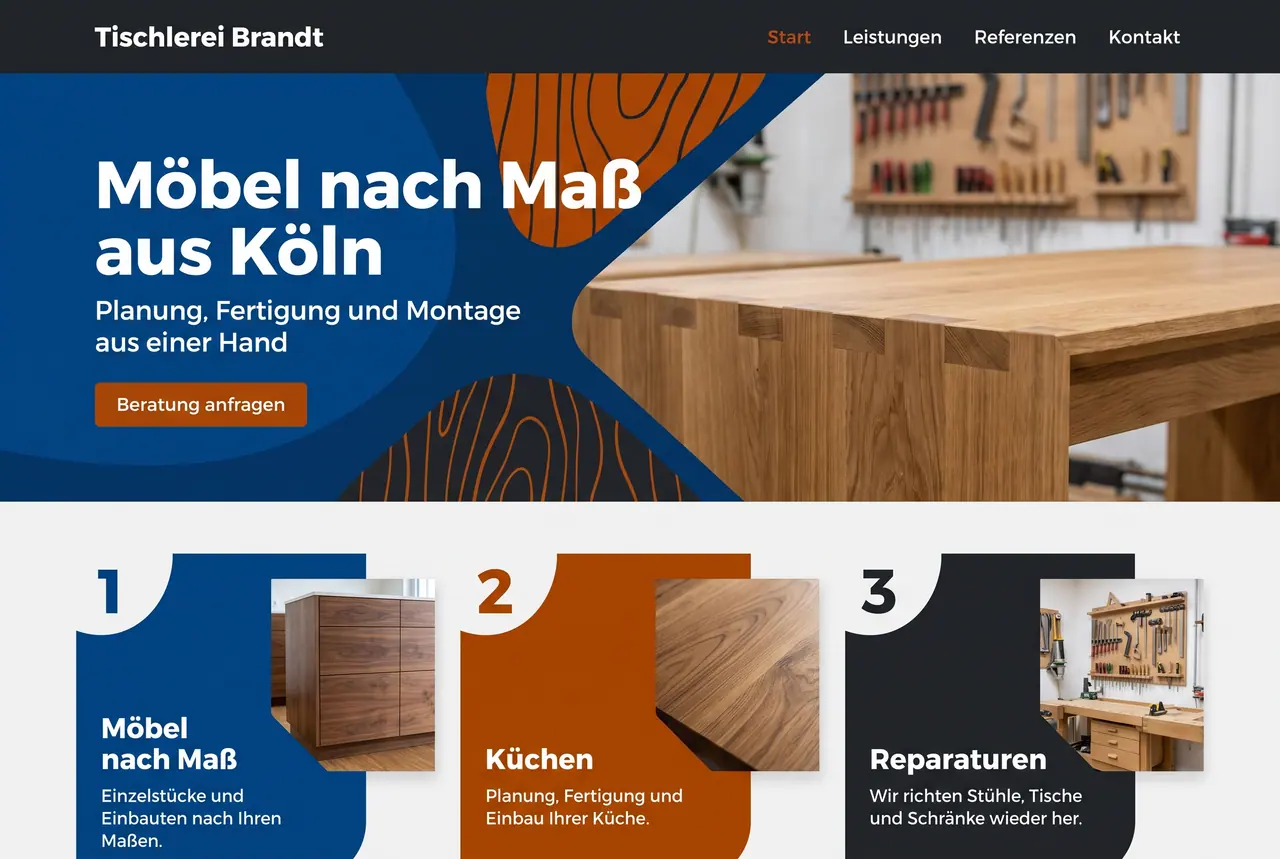 Gestaltungsentwurf „Kräftig“ für Tischlerei Brandt: Startseite mit Navigation, großem Auftakt und drei Karten.