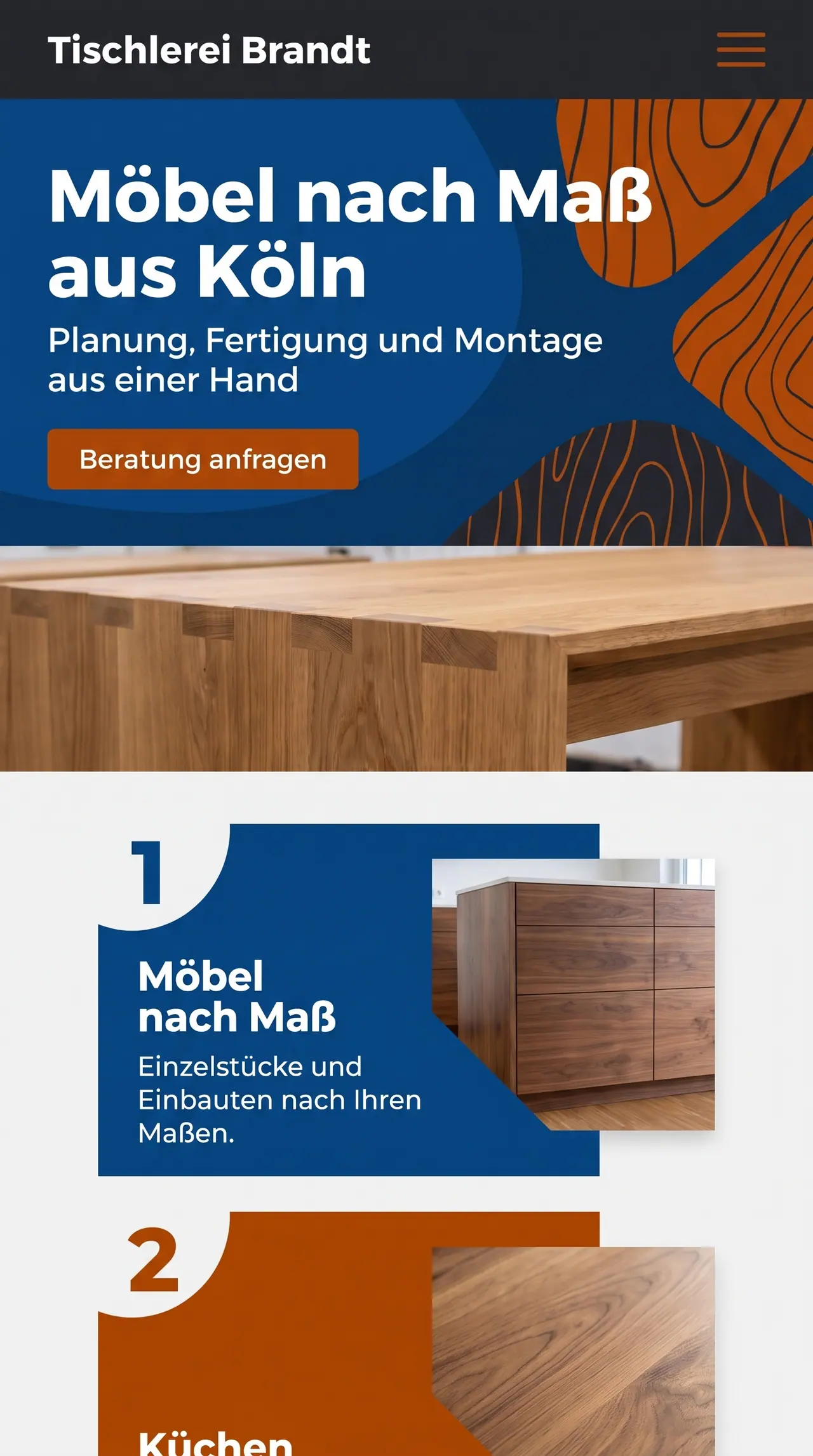 Phone version of the design draft "Kräftig" for Tischlerei Brandt: the same home page in portrait, for narrow screens.