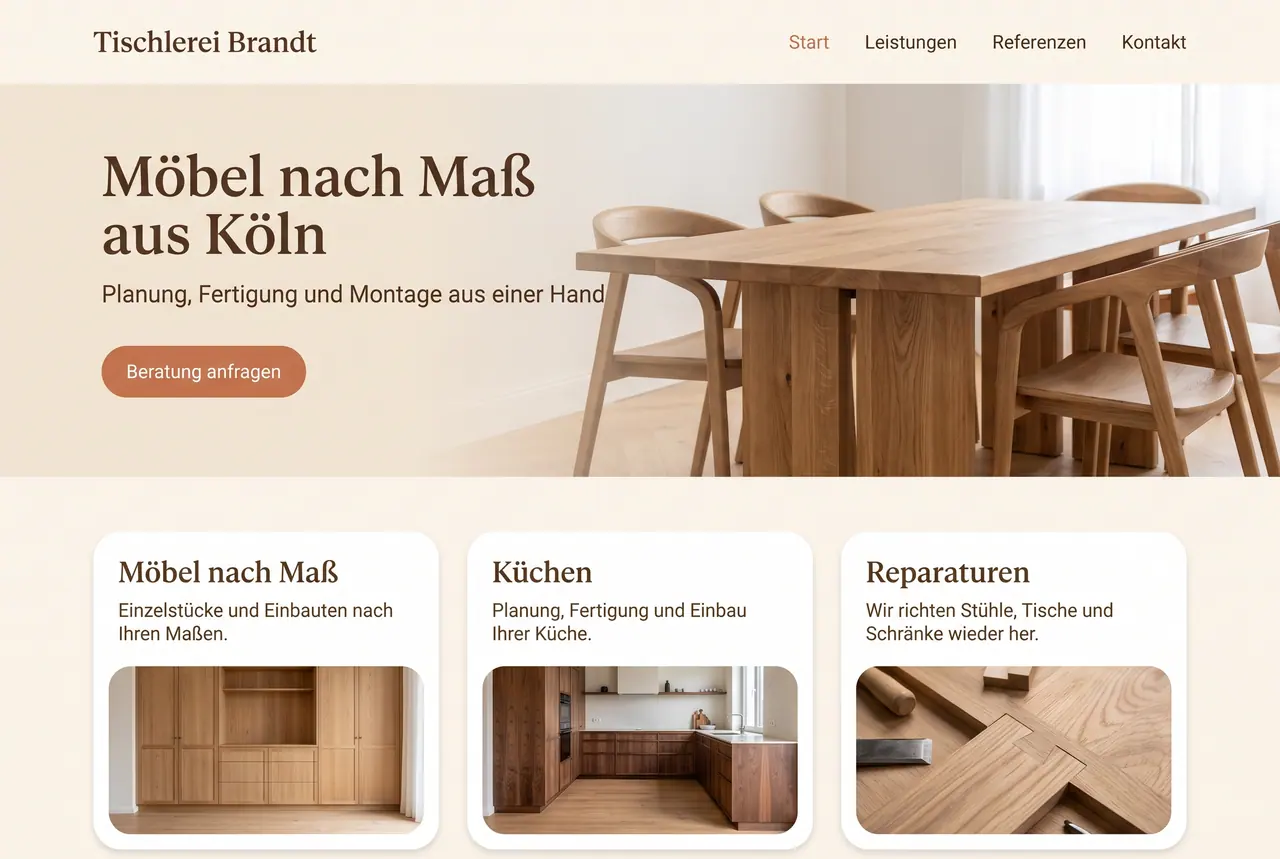 Gestaltungsentwurf „Warm“ für Tischlerei Brandt: Startseite mit Navigation, großem Auftakt und drei Karten.