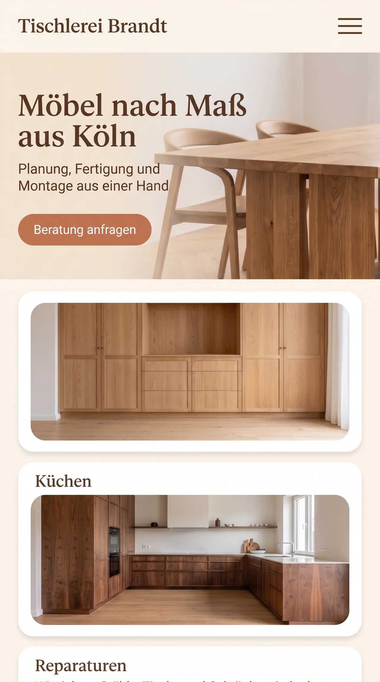 Phone version of the design draft "Warm" for Tischlerei Brandt: the same home page in portrait, for narrow screens.