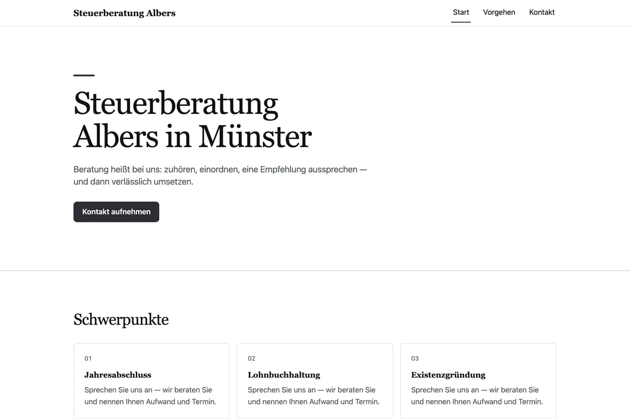 Startseite der Beispiel-Website „Steuerberatung Albers“, gebaut von ENTRONYX STUDIO aus dem Satz darunter.