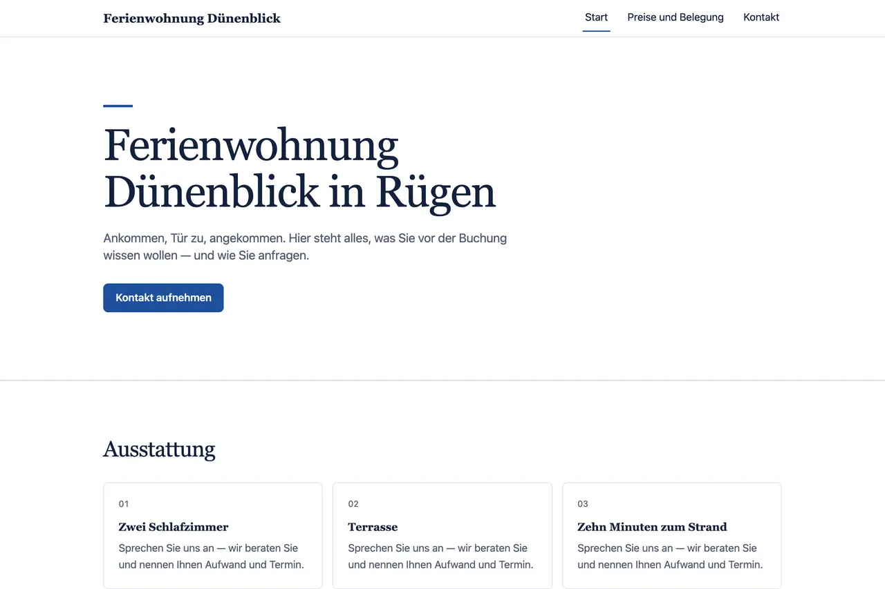 Startseite der Beispiel-Website „Ferienwohnung Dünenblick“, gebaut von ENTRONYX STUDIO aus dem Satz darunter.