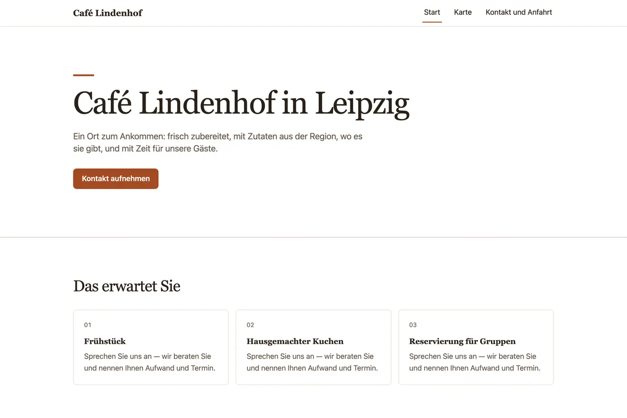 Startseite der Beispiel-Website „Café Lindenhof“, gebaut von ENTRONYX STUDIO aus dem Satz darunter.