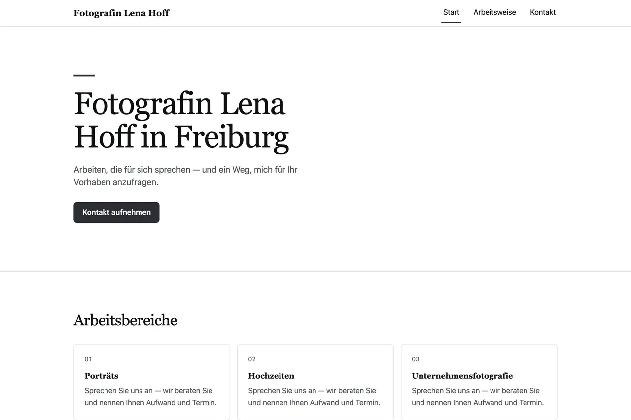 Startseite der Beispiel-Website „Fotografin Lena Hoff“, gebaut von ENTRONYX STUDIO aus dem Satz darunter.