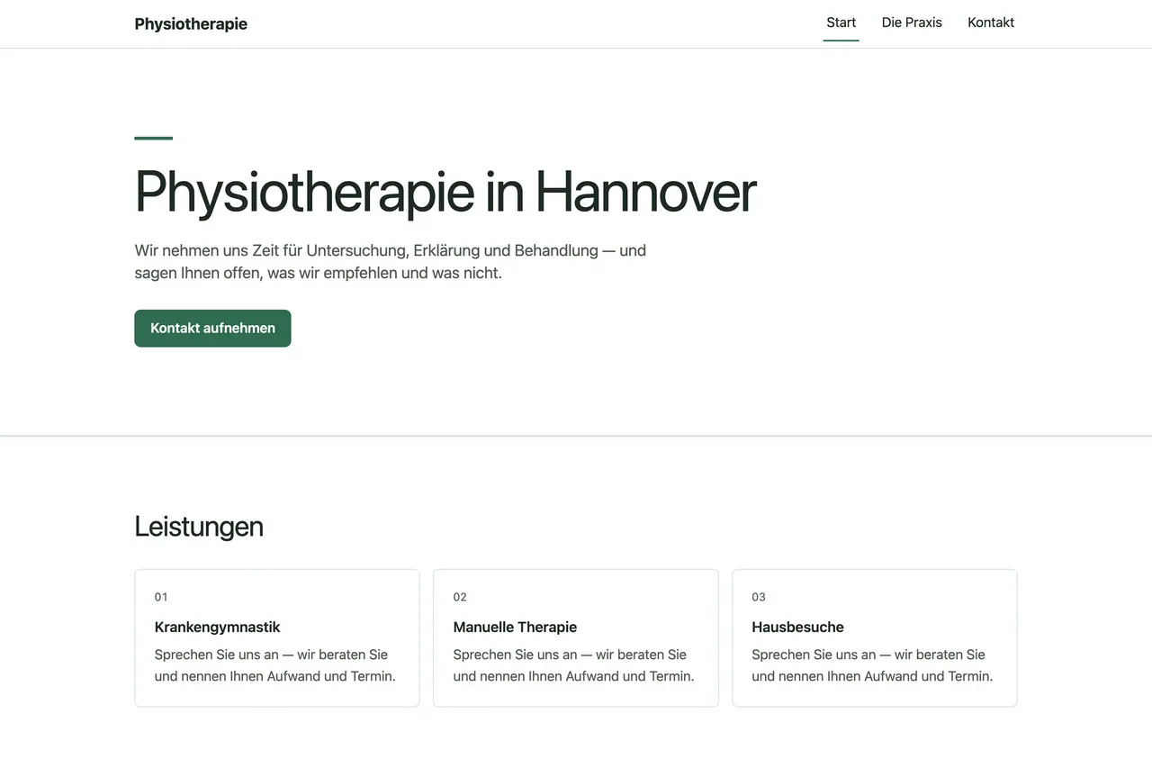 Startseite der Beispiel-Website „Physiotherapie am Maschsee“, gebaut von ENTRONYX STUDIO aus dem Satz darunter.
