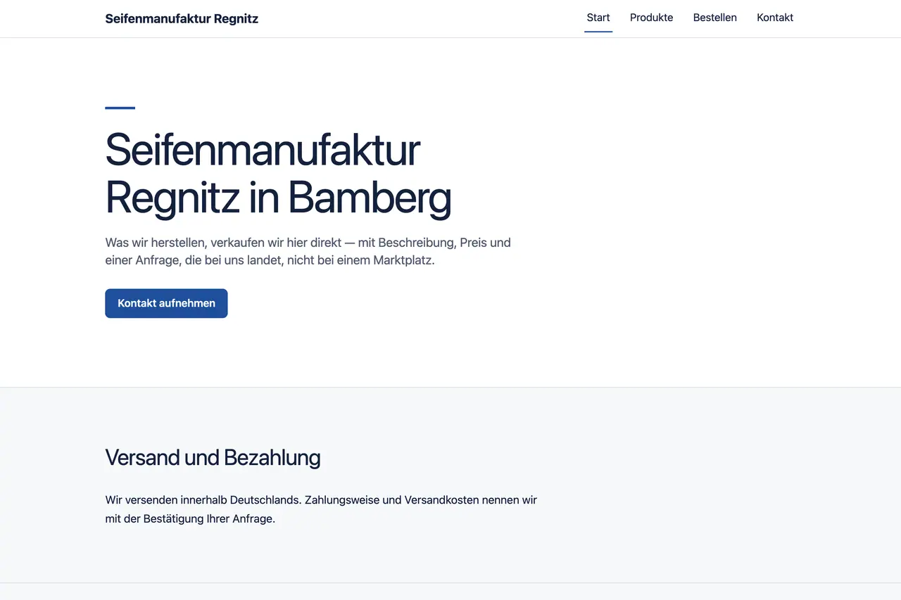 Startseite der Beispiel-Website „Seifenmanufaktur Regnitz“, gebaut von ENTRONYX STUDIO aus dem Satz darunter.