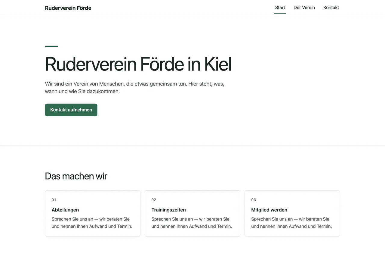 Startseite der Beispiel-Website „Ruderverein Förde“, gebaut von ENTRONYX STUDIO aus dem Satz darunter.