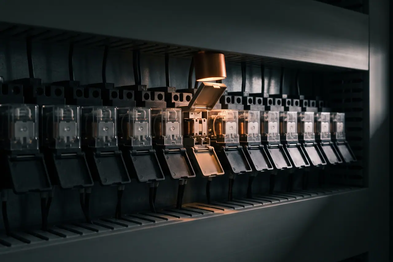 Row of identical plug-in relays on a DIN rail in a control cabinet; all flaps are closed, one in the middle is open and exposes the contact block.