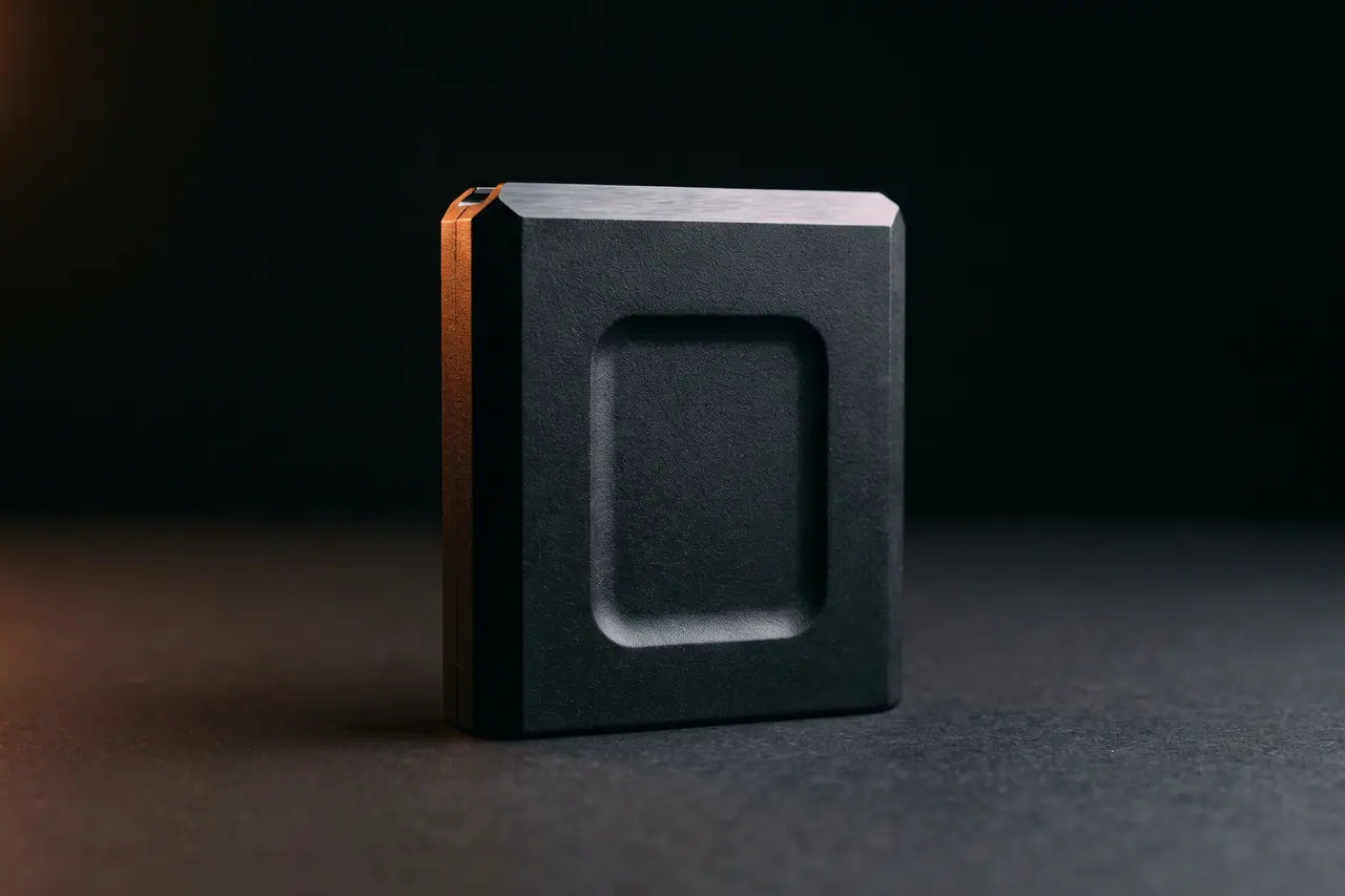 A closed tape cartridge made of matte black plastic on a grey surface, a milled recessed grip in grazing light.