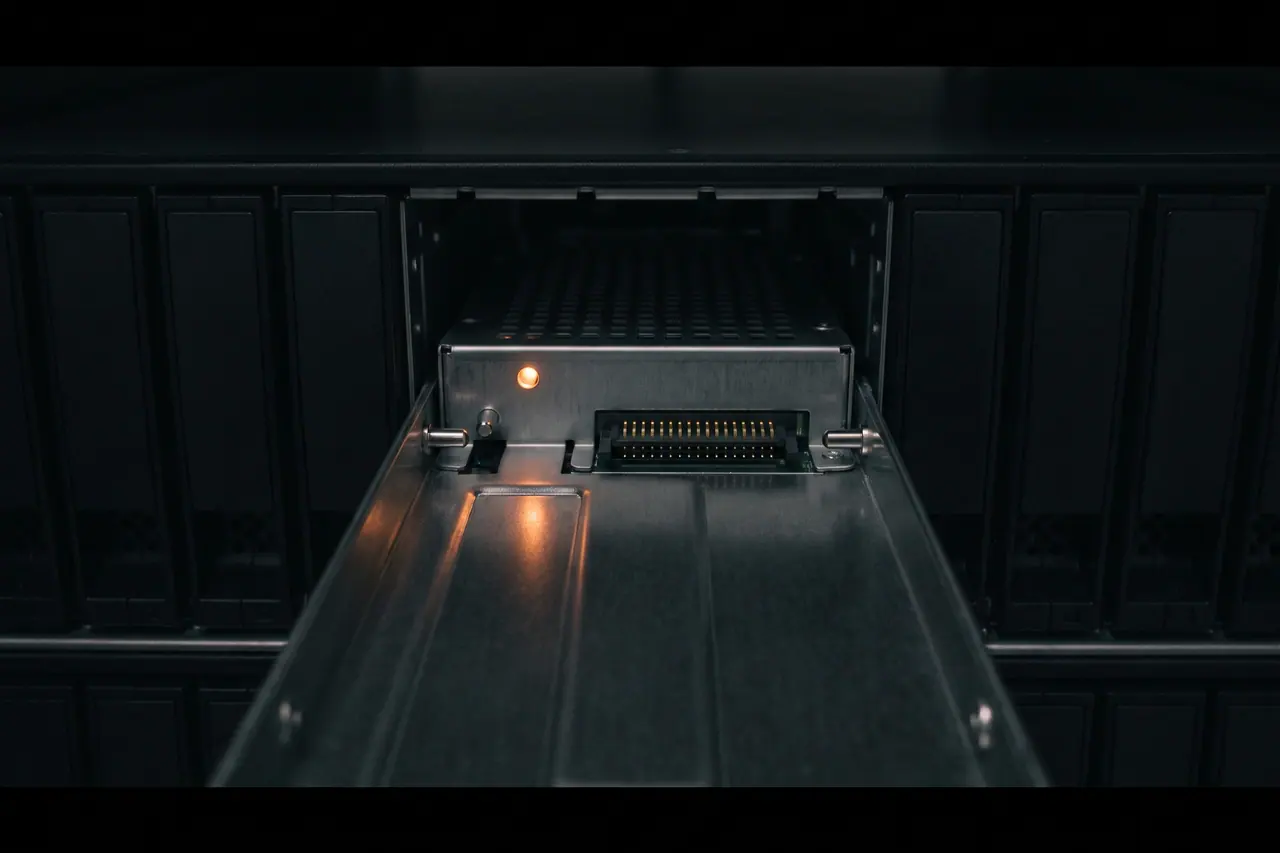 A single storage drive caddy pulled halfway out of the slot, the backplane connector with golden contact rows visible at the rear end.