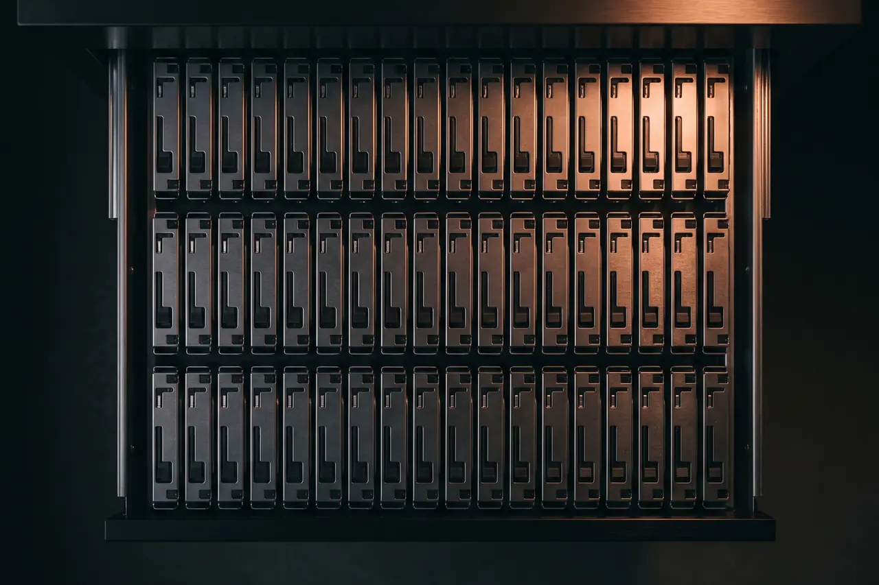 Vertically from above into an extended storage drawer: identical drives stand upright in metal carriers and form a continuous grid.
