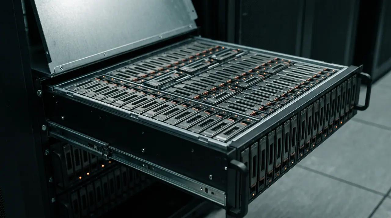 Storage chassis pulled out on rails with open cover, containing rows of drives in a grid pattern.