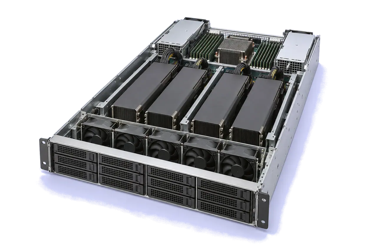 An open 2U compute node: four passively cooled GPU cards side by side, a row of fans in front, processor, memory and two power supplies behind.