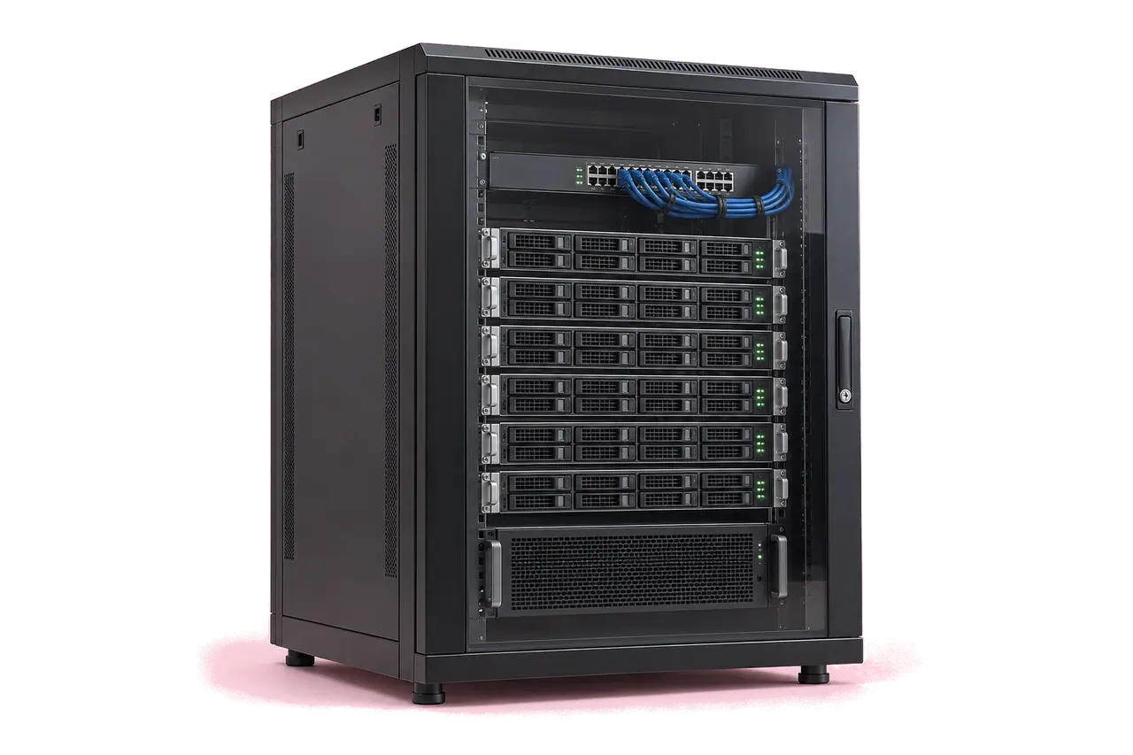 A half-height server cabinet with a tinted glass door and lock; inside a network switch with blue patch cables, six identical servers and a storage shelf.