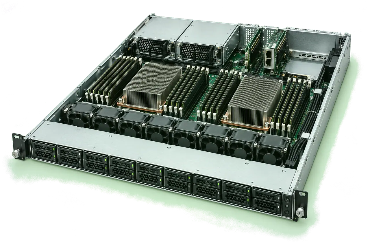 Ein geöffneter 1U-Rackserver von schräg vorn: zwei Prozessoren unter Kühlkörpern, volle Speicherbänke, eine Reihe aus acht Lüftern und Laufwerksschächte an der Front.