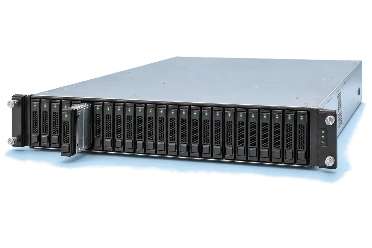 A 2U storage server from a diagonal front view: twenty-four NVMe bays in a row, one drive tray pulled out halfway.