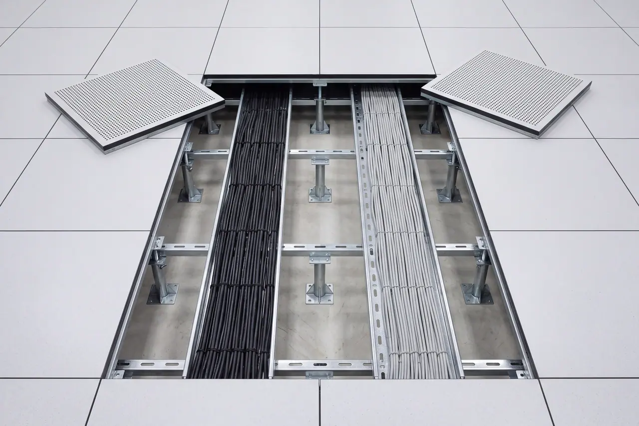 Vertical view of a raised floor with two perforated tiles removed and placed next to it: underneath, galvanised supports on the screed and two separate routes — black power cables in one, light data cables in the other, both bundled and combed straight.